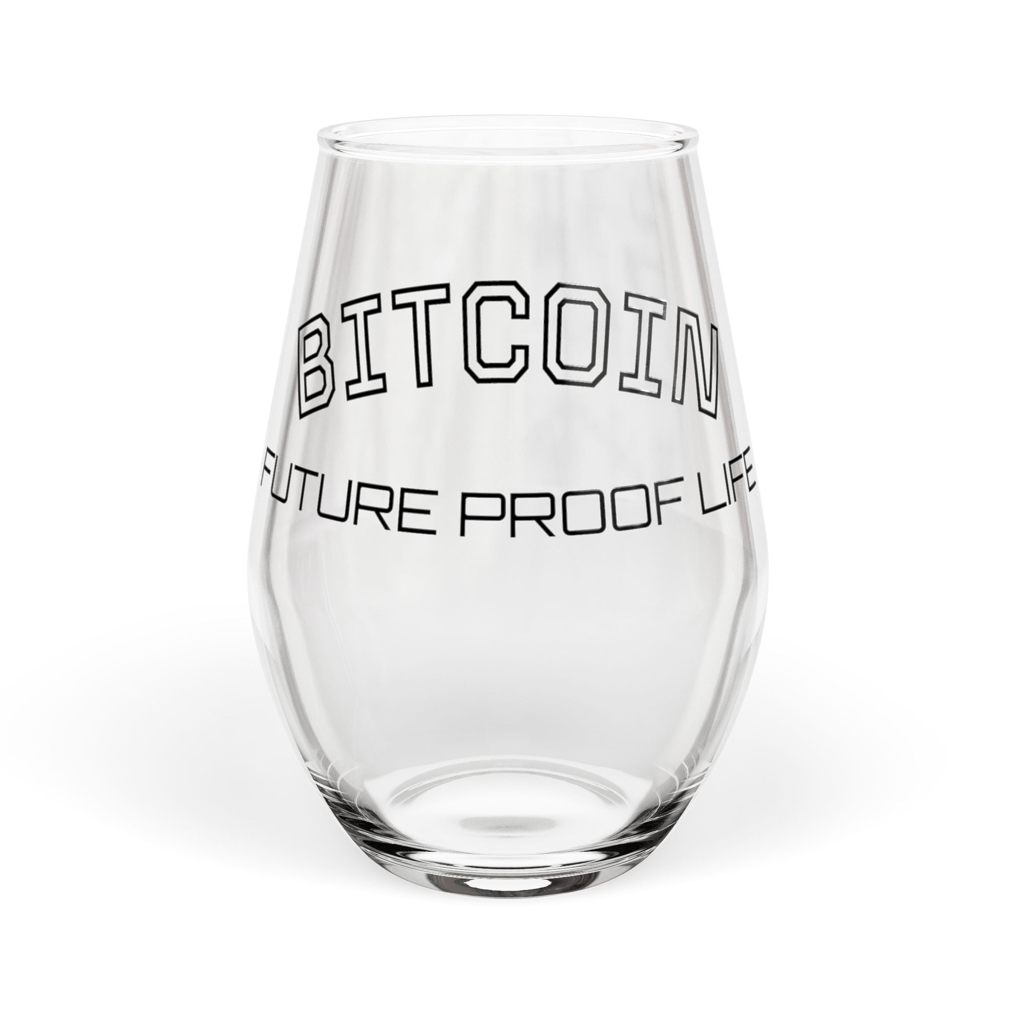 "BITCOIN - FUTURE PROOF LIFE"  - Stemless Wine Glass - Vintage Campus Design, 11.75 oz  | Crypto Gift