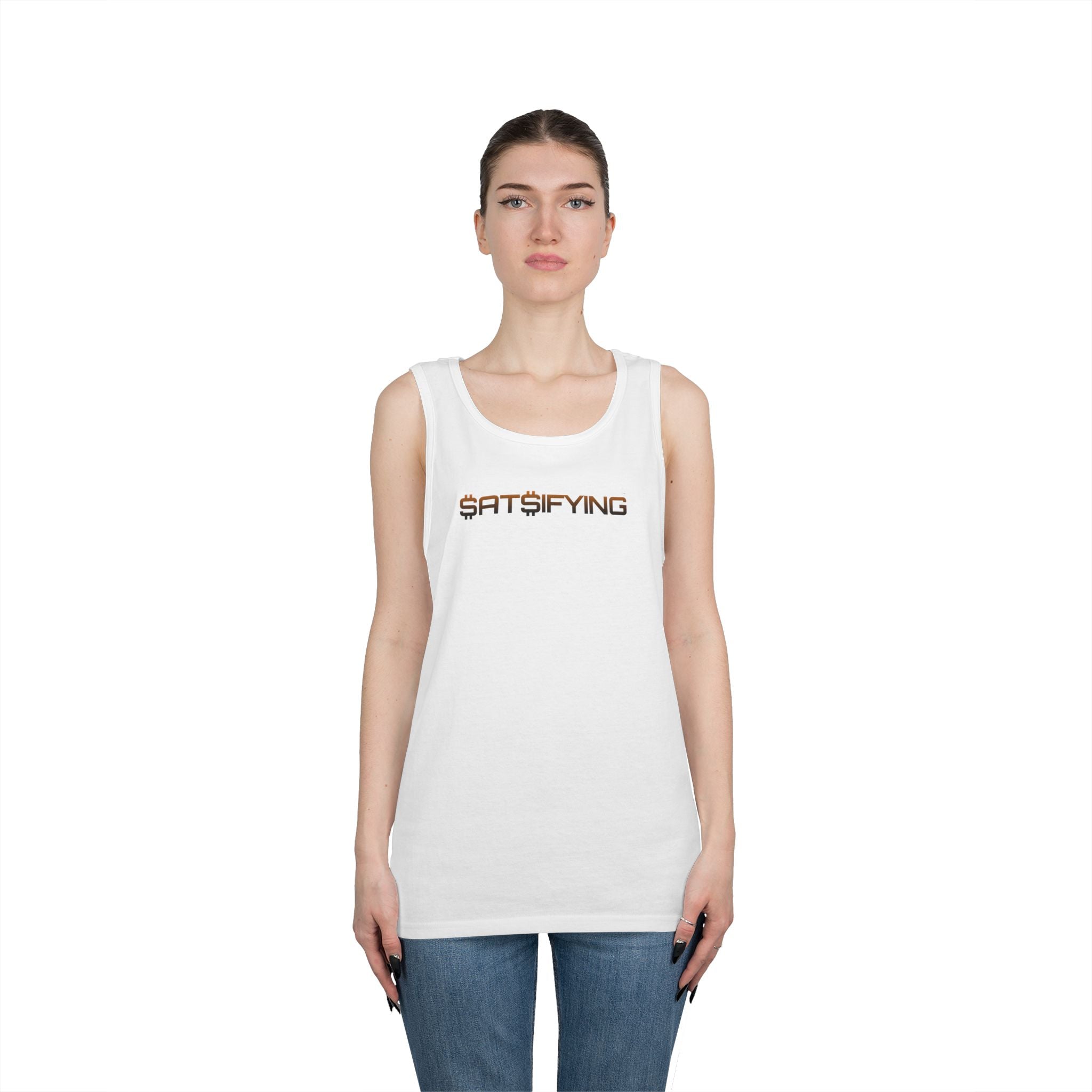 SATSIFYING -  Graphic Sassy Tank Top — Minimal Retro Logo Summer Muscle Tee | Crypto Gift